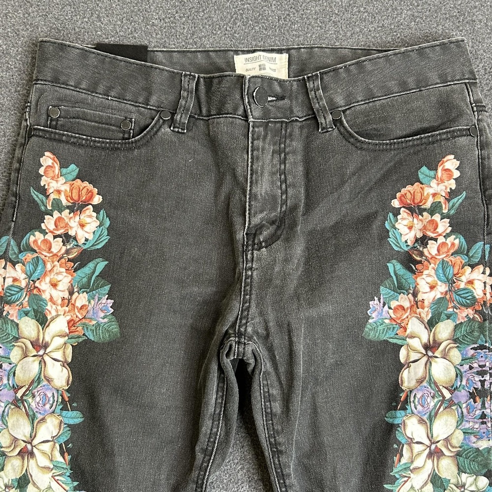 Insight Denim Skinny Jeans Women's 6 Black Charcoal Floral Ankle Zip Stretch 28" - Picture 2 of 15